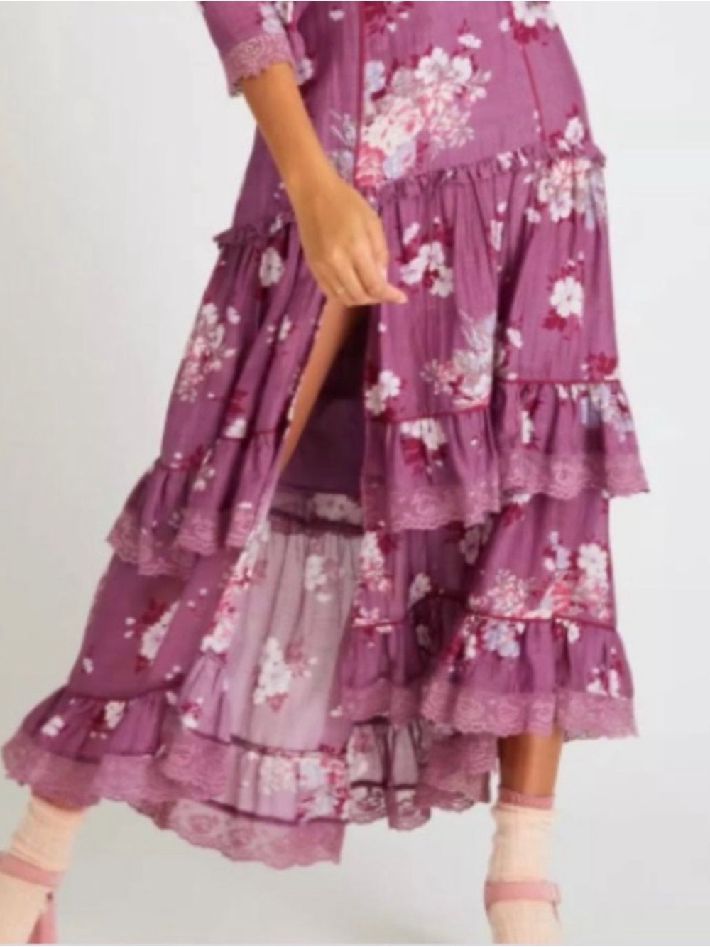 LoveShackFancy Floral Tiered Midi Skirt in Mauve